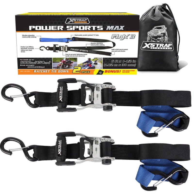 XSTRAP STANDARD 2Pk Heavy Duty Motorcycle Ratchet Tie Down Straps, 1.5" x 6' Safety Clip Hooks & Soft Loops, Cargo Accessory Securing Motorcycles, Dirt Bikes, Kayaks, Atvs, Utvs, Landscaping Equipment - Image 1